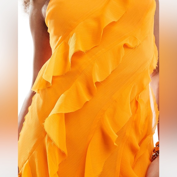 ASOS DESIGN racer neckline ruffle maxi dress with hi low hem in bright orange - Picture 2 of 5